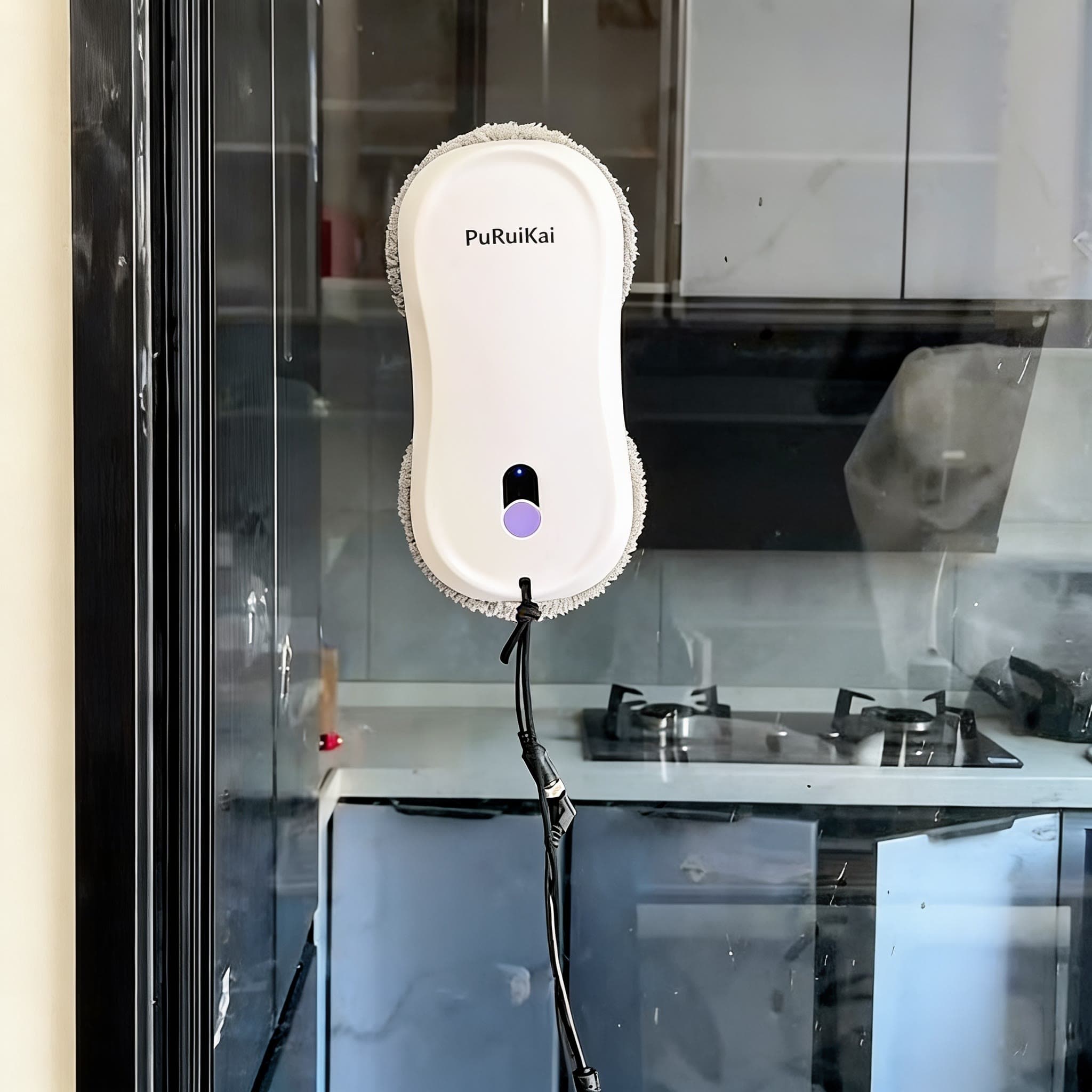 Le robot sur une porte vitrée de cuisine